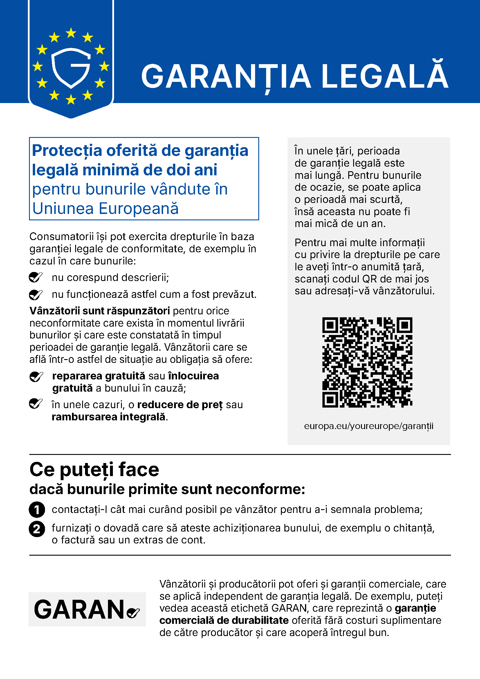Garanția legală - notificarea UE privind garanția legală de conformitate